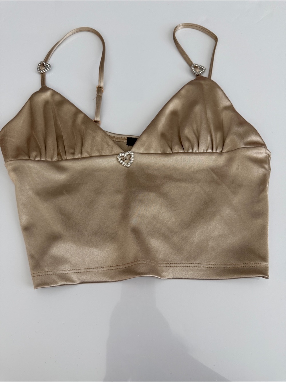 Forever 21 Satin Heart-Embellished Cropped Cami - Champagne